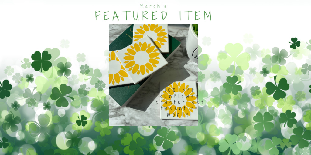 Check out March's featured item! 10% off every order of the 4 pc sunflower ceramic coaster set  
#spreadkindness #bepositive #giftideas #sunflowerlove  #ceramiccoasters #ceramictilecoasters #giftsforher #springiscoming #drinkcoasters #tablecoasters #homedecor #housewarminggift