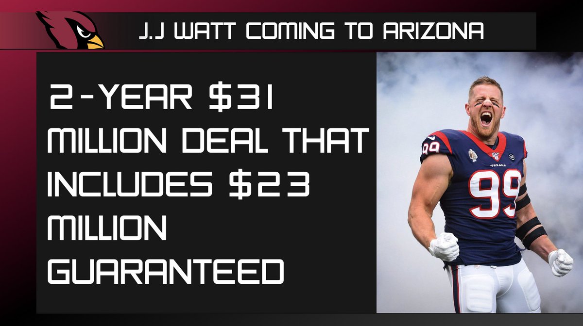 AZSportsBox's tweet photo. Here is the official details of JJ Watt's new deal with the #AZCardinals according to ESPN. #Sports #Arizona #NFL #Football https://t.co/f2YwiidQzk