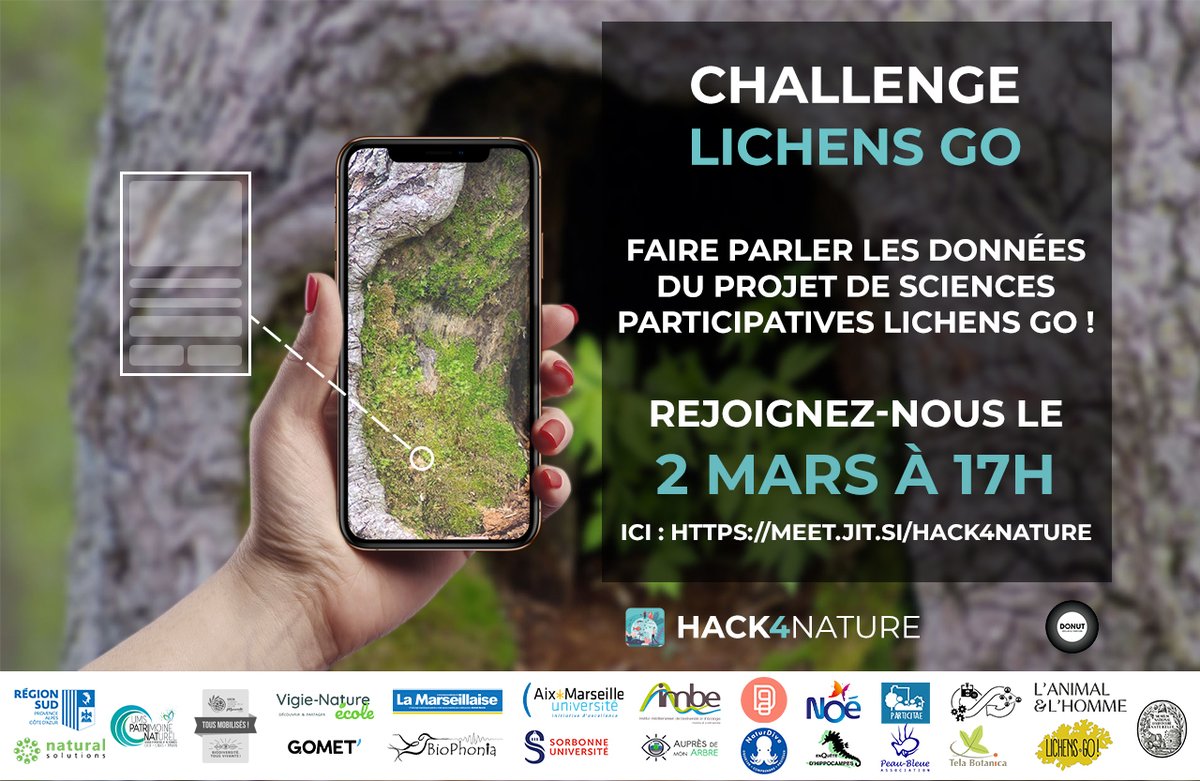 Rdv demain Mardi 2 mars à 17h pour ce challenge du HACK4NATURE organisé par <a href="/DonutMarseille/">Donut Marseille</a>  et Natural Solutions : " Faire parler les données du projet de sciences participatives LICHENS GO !" 

>> C'est par ici: meet.jit.si/HACK4NATURE