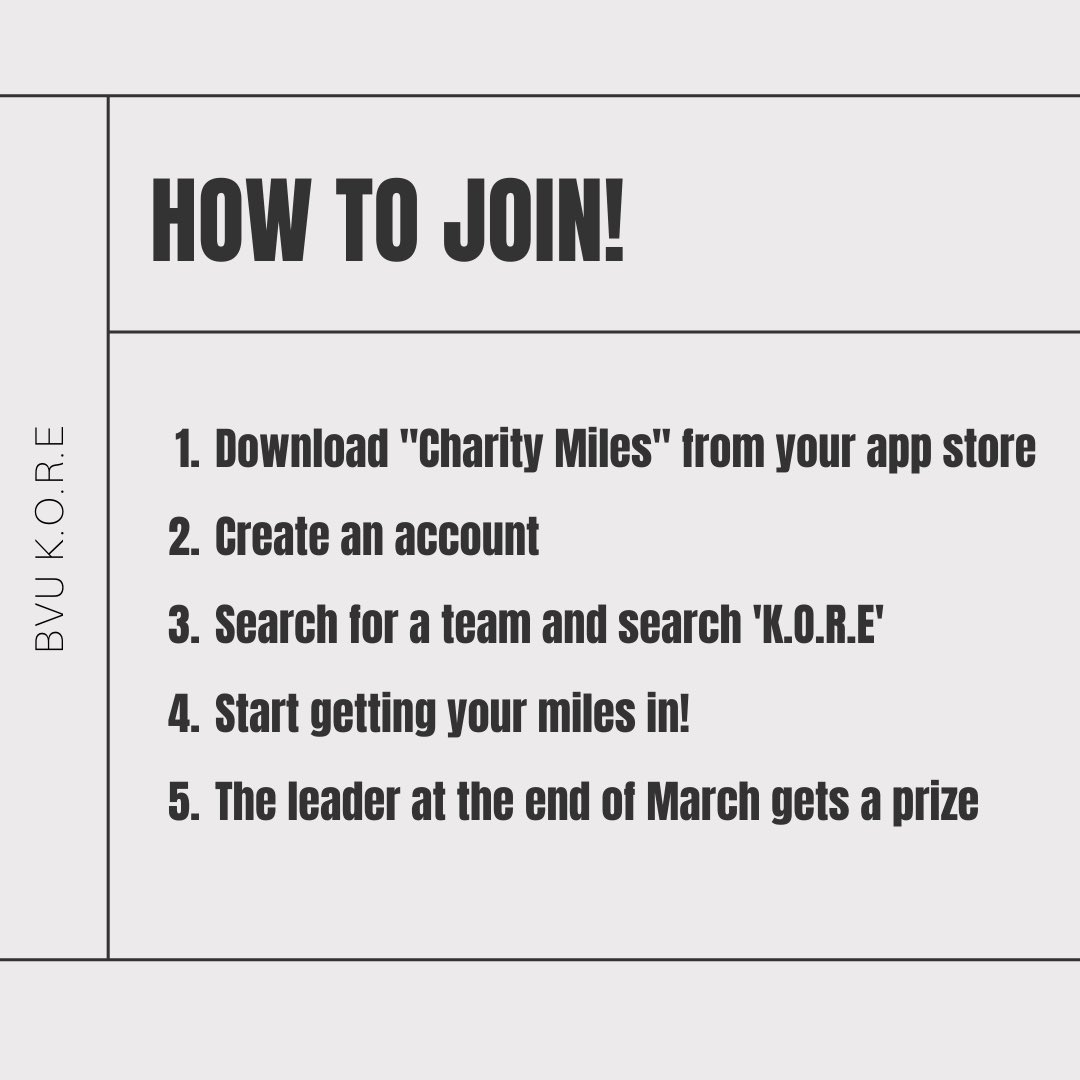 bvukore's tweet photo. Join us in our monthly challenge Marching Through March! At the end of the month, KORE will give out a prize to the person with the highest mile count. The more miles you go, the more money we can raise. All proceeds are donated to the Organization of your choice! https://t.co/JjD4DqATzT