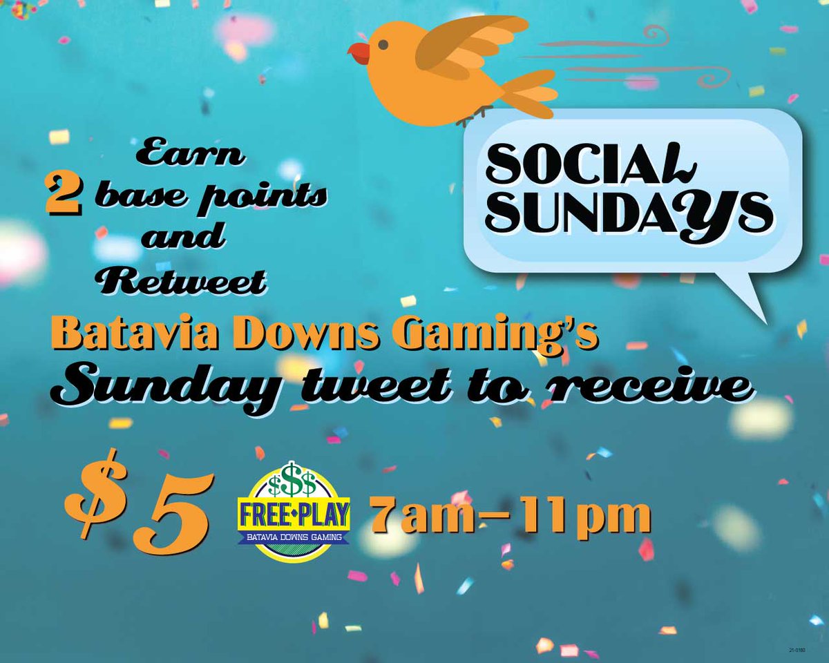 BataviaDowns's tweet photo. ✨ Retweet this tweet for $5 Free Play* for #bdgsocialsunday after 7AM on 3/7/2021!✨

*Must earn 2 points on your Players Club Card to redeem*

Show to Players Club via phone or print out to be eligible to receive promotion https://t.co/Oh4UEGVugV