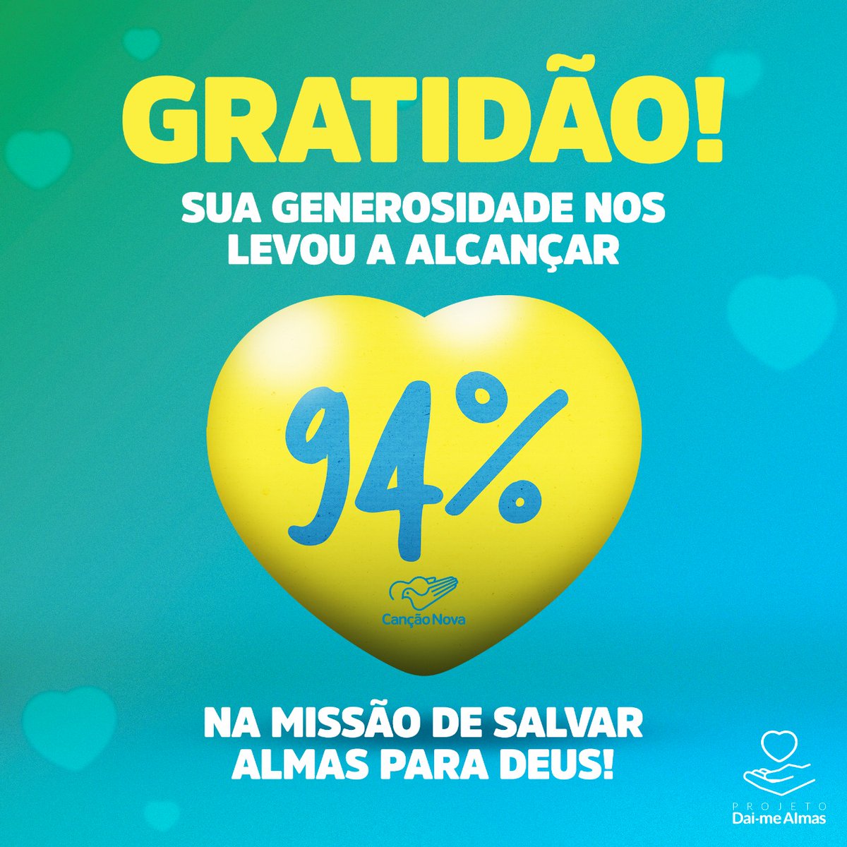 Família, gratidão por sua generosidade e fidelidade. Alcançamos, no mês de fevereiro, 94% do Projeto Dai-me Almas. Sua ajuda nos impulsiona a seguir firmes na missão de levar a evangelização a muitos corações. Que Deus lhe pague!