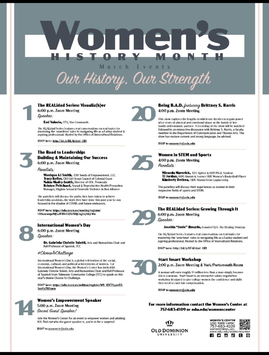 March is Women's History Month.  The Women's Center has a number of programs throughout the month to honor women.  Please see the attached calendar for more details.