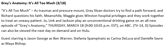 EPISODE PRESS RELEASE | #GreysAnatomy 17.08 "It's All Too Much”
Air Date: 03/18/2021