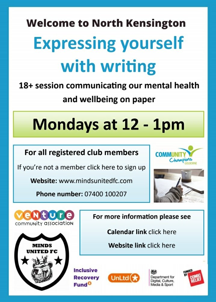 Expressing yourself with writing on zoom every monday 12-1pm <a href="/GolborneChamps/">Golborne Champions</a> <a href="/UnLtd/">UnLtd</a> <a href="/comicrelief/">Comic Relief</a>