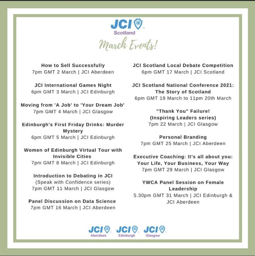 We’ve been busy working with <a href="/JCIEdinburgh/">JCI Edinburgh</a> and <a href="/JCIGlasgow/">JCI Glasgow</a> to create an incredible lineup of events this month! Who’s coming along? 

jciscotland.org.uk/events