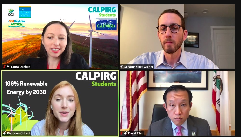 emilyrusch's tweet photo. Watching @lauracdeehan from @EnvCalifornia, Sen. @Scott_Wiener, Asm. @DavidChiu, and Ria Coen Gilbert from @CALPIRGStudent talk about how California can shift to 100% clean, renewable energy, and what legislation will help us get there this year. https://t.co/eUPDxa6lqJ