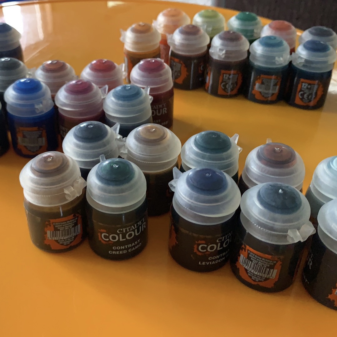 BeamGeeks's tweet photo. When #Citadel Colour Contrast paints came out, we went all in on a complete set. That was a long time ago, and I can't say I regret it at all. They're wonderful for board game miniatures, where speed and easy results are supreme. Such a fabulous range... Have you used them? https://t.co/KA5OCZyDVv