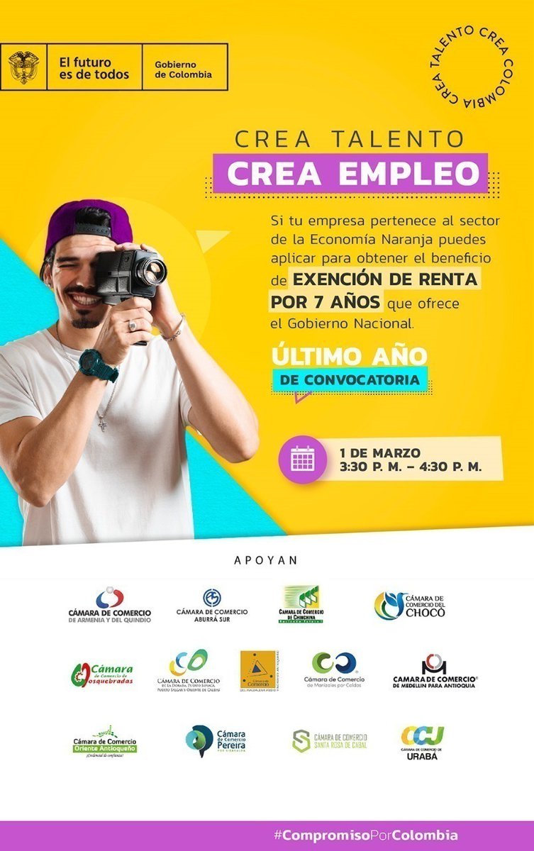 ccuraba's tweet photo. Si tu empresa hace parte del sector de Economía Naranja no te pierdas esta charla informativa sobre la exención de renta por 7 años que otorga el Gobierno Nacional. ¡Último año de convocatoria!

Fecha: Lunes 1 marzo, 3:30 p.m.
Ingreso: https://t.co/Vg8roMDKXZ https://t.co/3XztQJmZJz