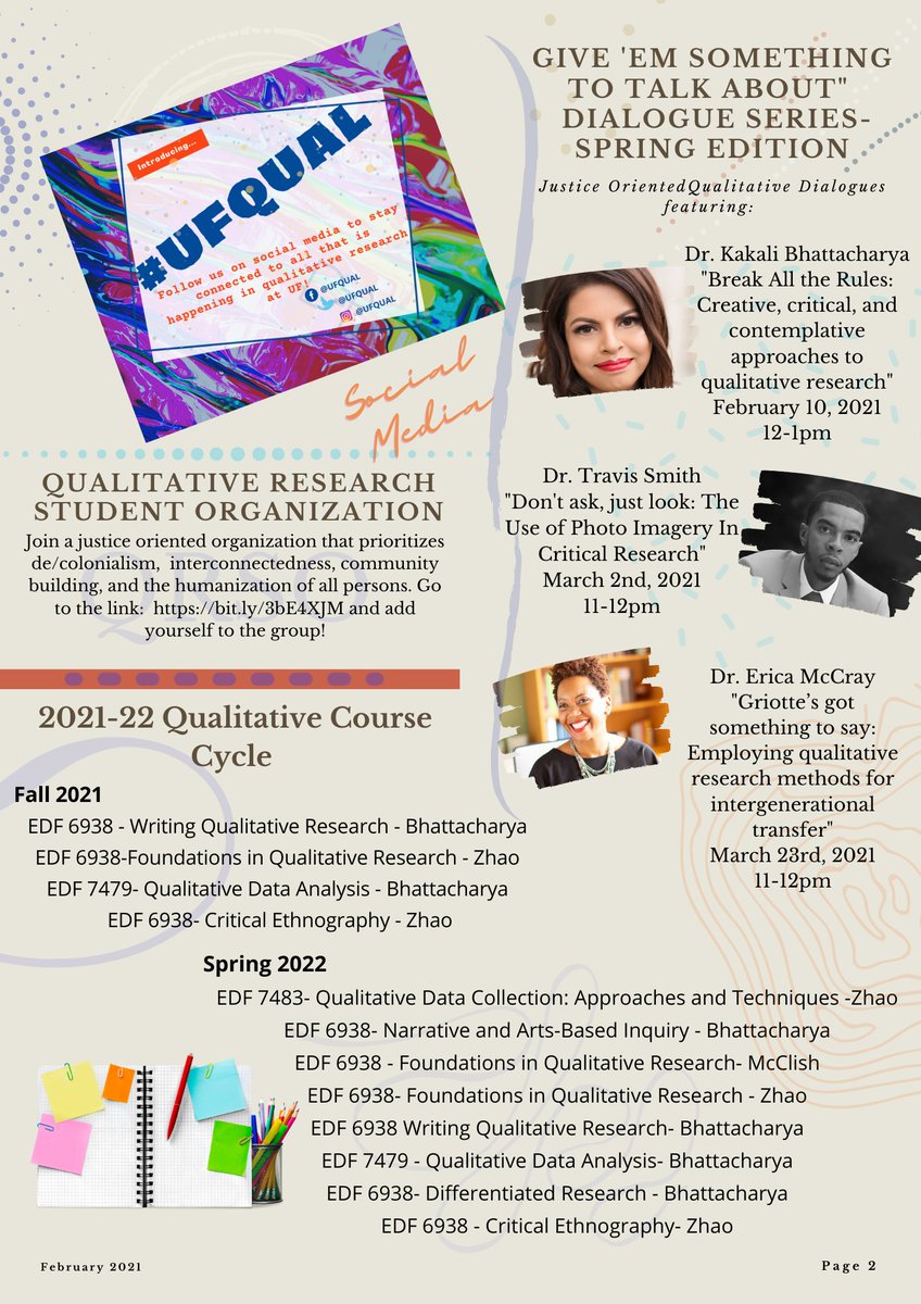 ufqual's tweet photo. Finalizing your March agenda? Check out our Spring Newsletter for info. on upcoming events, our new student organization, and upcoming courses! Also featured, semester faculty & student spotlights! #UFQUAL #qualitativeresearch @UF_COE #THREAD https://t.co/TyQQbCiQrc