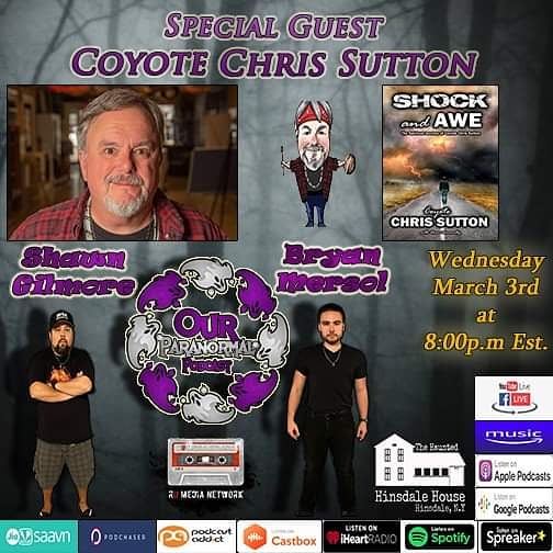 ShawnParadad's tweet photo. Our Paranormal podcast this weeks special guest @CoyoteChrisS! Live on RU Media Network Facebook, YouTube  and Spreaker pages. This Wednesday at 8PM Eastern. We are proud to be sponsored by @hinsdalehaunt
https://t.co/zuD3xdy6Cy
https://t.co/LWiMWxX65q https://t.co/oQ066WIEGN https://t.co/dzcFnWWPA7