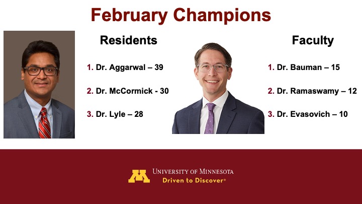 UMN Surg Ed (@umnsurged) on Twitter photo Congrats to our February <a href="/SIMPLCollab/">SIMPL Collaborative</a> Champions <a href="/UMNSurgery/">UMN Surgery</a> resident Dr. @rishavaggarwa12 and <a href="/ParkNicollet/">Park Nicollet</a> faculty Dr. <a href="/BrentBauman6/">Brent Bauman</a>. Both have worn the Champion Crown this year - let's see who can de-throne them next month! #SurgEd <a href="/BrunsvoldMD/">Melissa Brunsvold, MD FACS FCCM</a> <a href="/ArchanaR8/">Archana Ramaswamy</a> Congrats to our February <a href="/SIMPLCollab/">SIMPL Collaborative</a> Champions <a href="/UMNSurgery/">UMN Surgery</a> resident Dr. @rishavaggarwa12 and <a href="/ParkNicollet/">Park Nicollet</a> faculty Dr. <a href="/BrentBauman6/">Brent Bauman</a>. Both have worn the Champion Crown this year - let's see who can de-throne them next month! #SurgEd <a href="/BrunsvoldMD/">Melissa Brunsvold, MD FACS FCCM</a> <a href="/ArchanaR8/">Archana Ramaswamy</a>