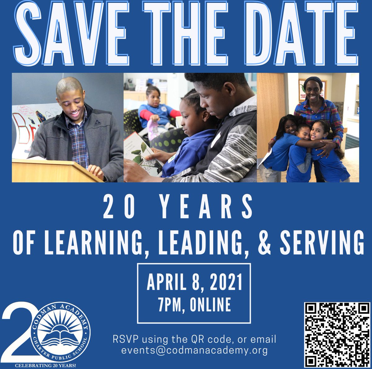 Codman is celebrating '20 Years of Learning, Leading, and Serving!' Join us on Thursday, April 8, 2021 at 7pm. RSVP at the link below to make sure you don't miss an update! tinyurl.com/5wph3c34