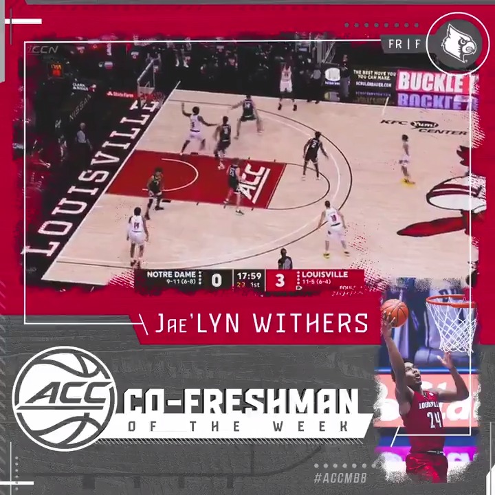 Big week for Jae’Lyn Withers‼️
He earns Co-Player of the Week honors after averaging 14.0 pts and 11.0 reb in two @LouisvilleMBB wins!
#ACCMBB | @jaelynwithers https://t.co/FwjgJPI3Vz