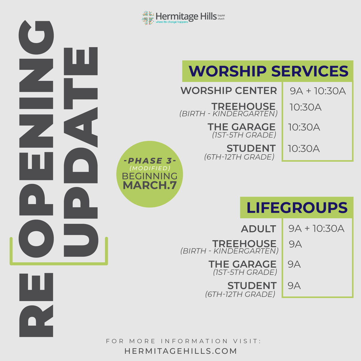 This, Sunday, March 7th, LIFEgroups return to campus at 9am &amp; 10:30am. Check with your LIFEgroup leader for information on your meeting times.

For more information on these activities and more, please visit hermitagehills.com/events