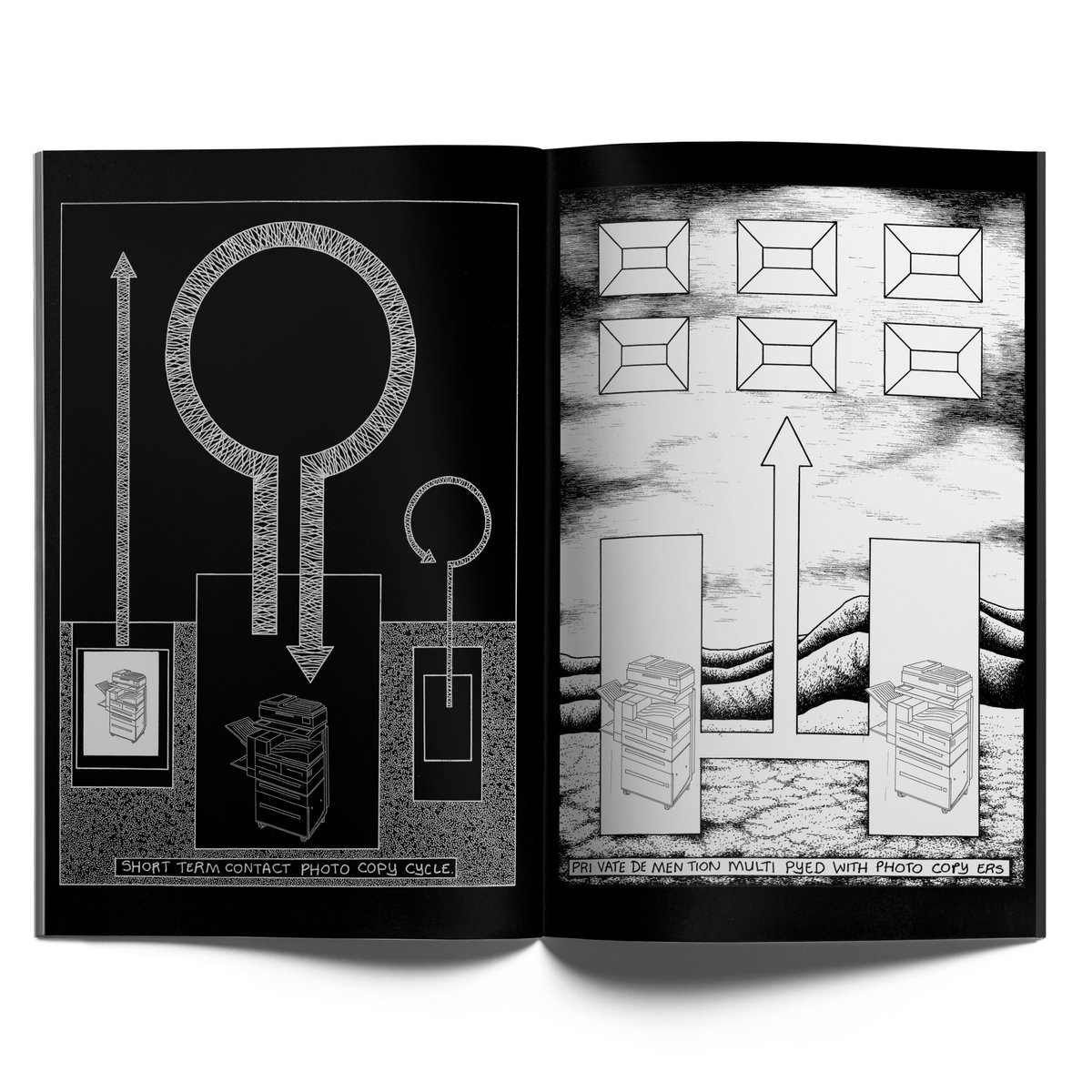 seenstudio's tweet image. LAY—OUT no 2: OMIT
OMIT is the project of Clinton Williams. He operates in near isolation, crafting whole worlds of hermetically realized sound &amp;amp; visuals. His book investigates  a dystopian world of human/sentient-photocopier interactions. 40pp, BW, 2 color silkscreened cvr