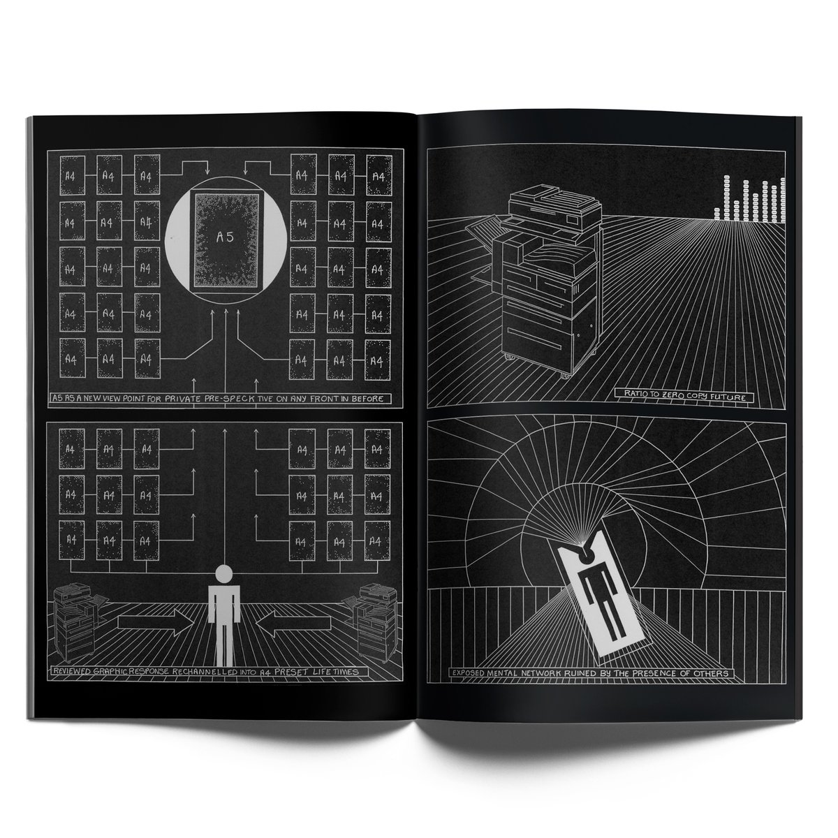 seenstudio's tweet image. LAY—OUT no 2: OMIT
OMIT is the project of Clinton Williams. He operates in near isolation, crafting whole worlds of hermetically realized sound &amp;amp; visuals. His book investigates  a dystopian world of human/sentient-photocopier interactions. 40pp, BW, 2 color silkscreened cvr