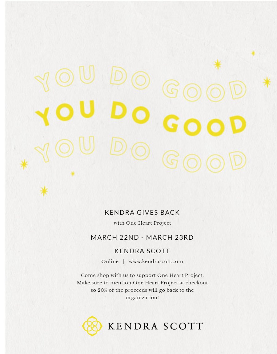 1heartproject's tweet photo. ✨✨✨✨✨ SAVE THE DATE ✨✨✨✨✨
On March 22 &amp; 23, @KendraScott is generously donating 20% of proceeds back to One Heart Project youth!
Mark your calendars and RSVP here 👇
https://t.co/Z4SGBLIOCe

#thankyou #kendrascott  #savethedate https://t.co/2ersUvvU2Y