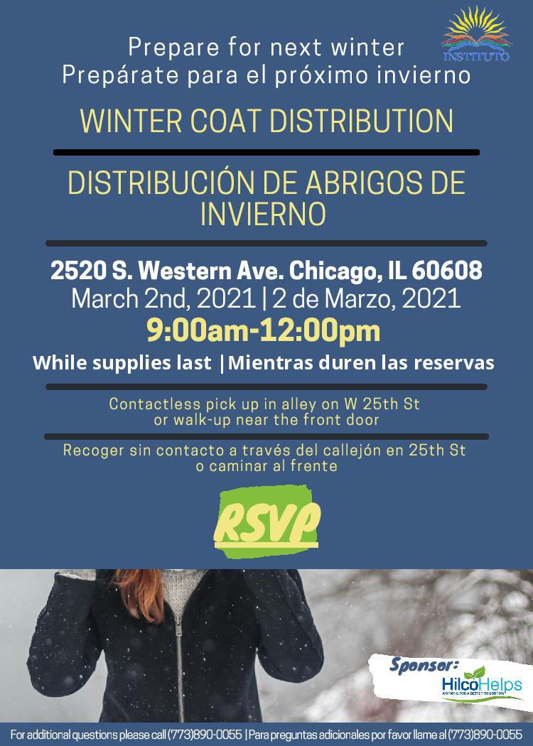 Instituto1977's tweet photo. Get ahead for next winter with our Winter Coat Distribution TOMORROW, March 2 at 2520 S Western Ave from 9AM-12PM! You can walk up to our front door or do contactless pick up through the alley on 25th Street! No ID or proof of income required. #OneDynamicInstituto https://t.co/eZ1Vq5KaOA