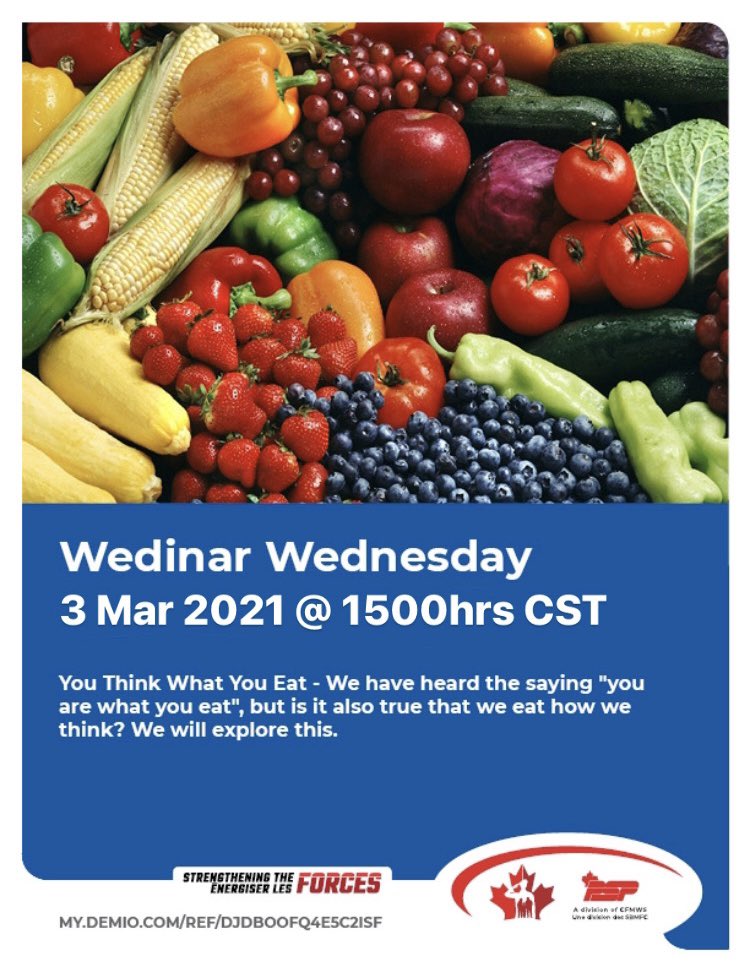This week’s Webinar Wednesday is getting us in the mood for #NutritionMonth. We’re going to explore the affects food has on our mental health as well as our physical health. Hit the link to register - my.demio.com/ref/djdBoOFQ4e… - @CFMWS1 <a href="/RCAF_ARC/">Royal Canadian Air Force</a> @MfsCfmws @WinnipegMFRC <a href="/PSPOttawa/">PSP CFSG (O-G)</a>
