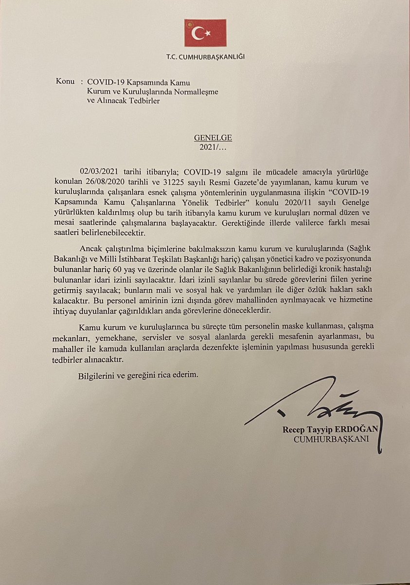 Kamuda esnek çalışmaya dair Cumhurbaşkanlığı Genelgesi...