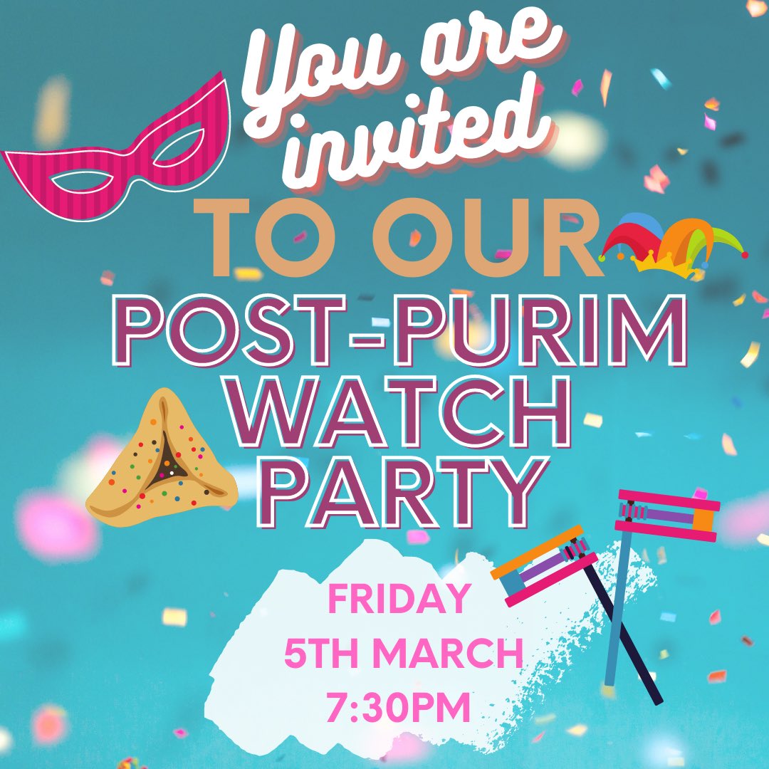 OnCloudNinePlay's tweet photo. Come along to our POST PURIM WATCH PARTY! On Friday 5th March at 7:30pm we will be having a watch party of On Cloud Nine and celebrating a slightly belated Purim at the same time! 🎉 https://t.co/xOXioqnwhF