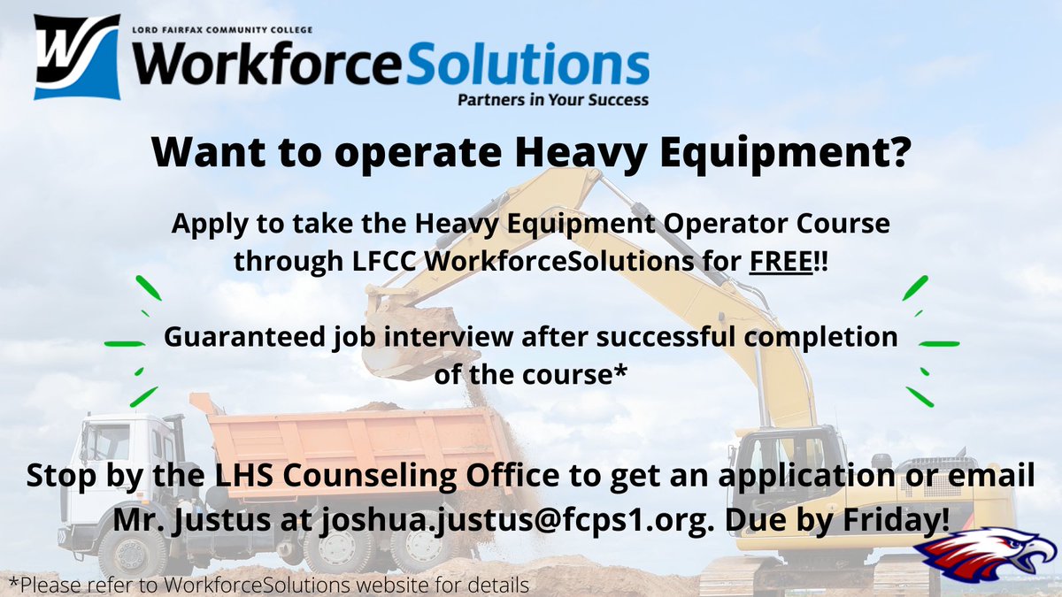 LHSadviser's tweet photo. Planning on getting a job after graduating high school? Check out the Heavy Equipment Operator program! Applications available in the Counseling Office! https://t.co/3qwZHwmM0M