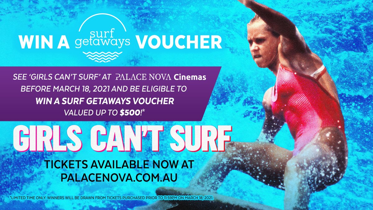 See 'Girls Can't Surf' before March 18 and be eligible to WIN a <a href="/SurfGetaways/">Surf Getaways</a> voucher valued up to $500!* 🏄‍♀️ Tickets on sale NOW at palacenova.com.au

#adelaide #contest #girlscantsurfmovie #girlscantsurffilm #surfing #surfingaustralia