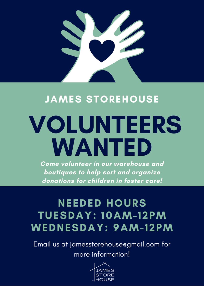 James Storehouse California (@jamesstorehouse) on Twitter photo Come volunteer in our warehouse and boutiques to help sort and organize donations for children in foster care! Email us at JamesStorehouse@gmail.com for more info. Come volunteer in our warehouse and boutiques to help sort and organize donations for children in foster care! Email us at JamesStorehouse@gmail.com for more info.