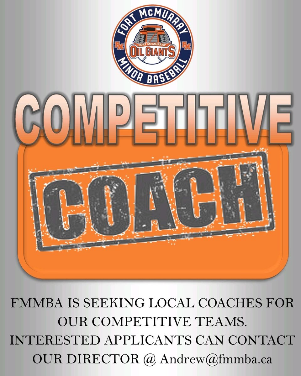 FMMBA's tweet photo. Fmmba is looking for Coaches for our competitive teams this upcoming season . Preference will be given to local applicants . Interested coaches can email andrew@fmmba.ca #coaches #headcoach #mentorship #competitivebaseball #baseballalberta #ymm #rmwb https://t.co/fw79xuN2sg
