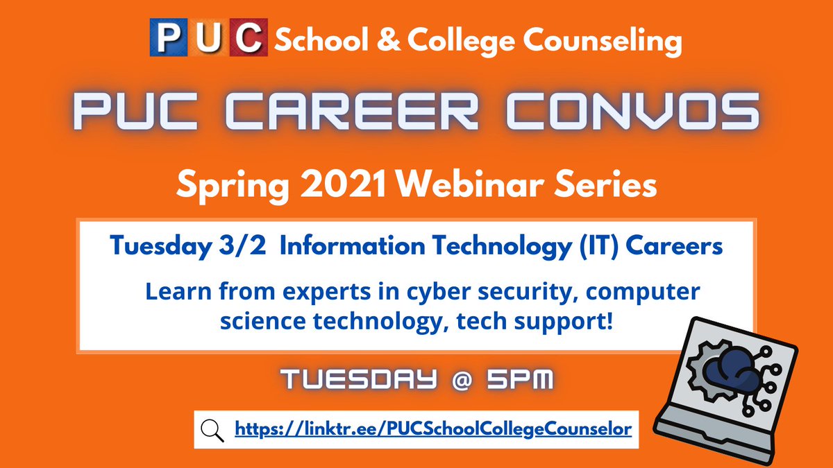 Join us for the upcoming webinar, which will focus on careers in the Information Technology (IT) industry!

linktr.ee/PUCSchoolColle…

¡Únase con nosotros para el próximo seminario web, que se centrará en las carreras en la industria de la tecnología de la información (IT)!