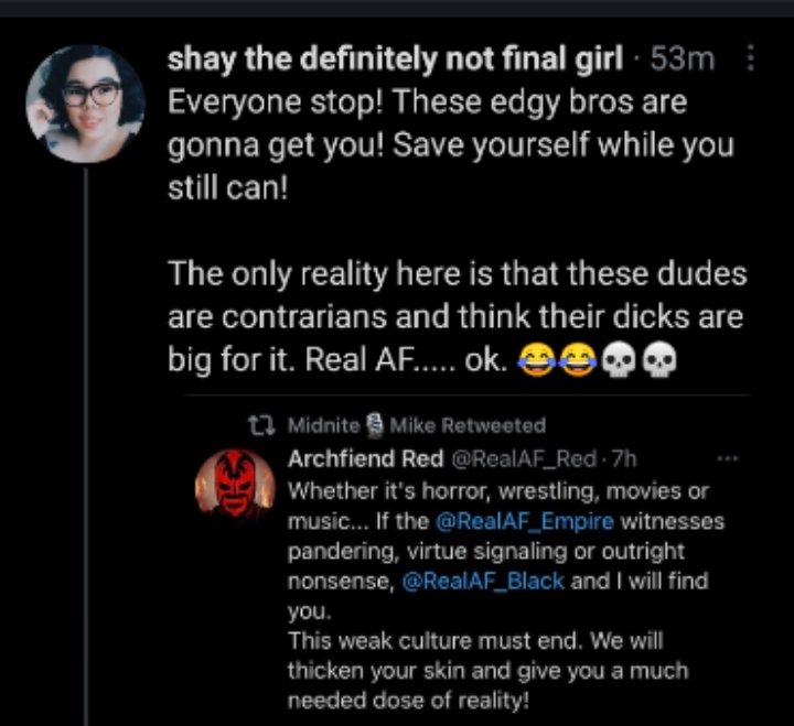 @RealAF_Red @RealAF_Black 

She blocked you so she could talk behind your back! Lol!
I love shen people do this to you guys! So funny!