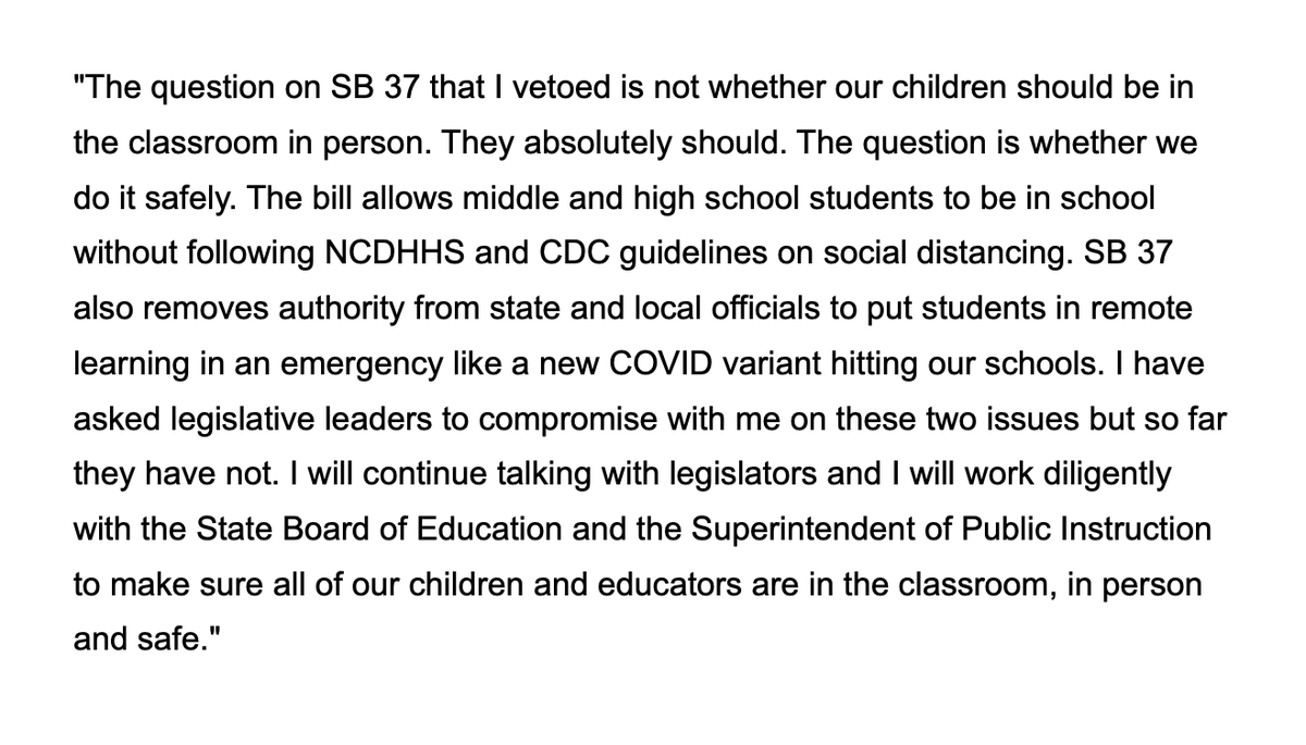 Tonight I voted to sustain Governor Roy Cooper's veto of S.B 37 and uphold my obligation to ensure the safety of not only students and their families but also the safety of educators and school personnel.

Governor Cooper's statement on Senate Bill 37: