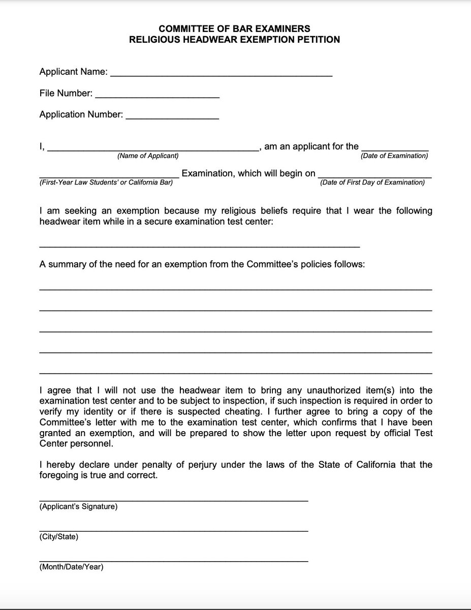 NA4ELP's tweet photo. In 2021 state bars still prohibit applicants from wearing headwear during an exam unless they fill out a petition seeking exemption on religious grounds. Applicants also have to subject themselves to "inspection" should they be suspected of cheating. @StateBarCA @CaSupremeCourt https://t.co/MUoukcg1Dj