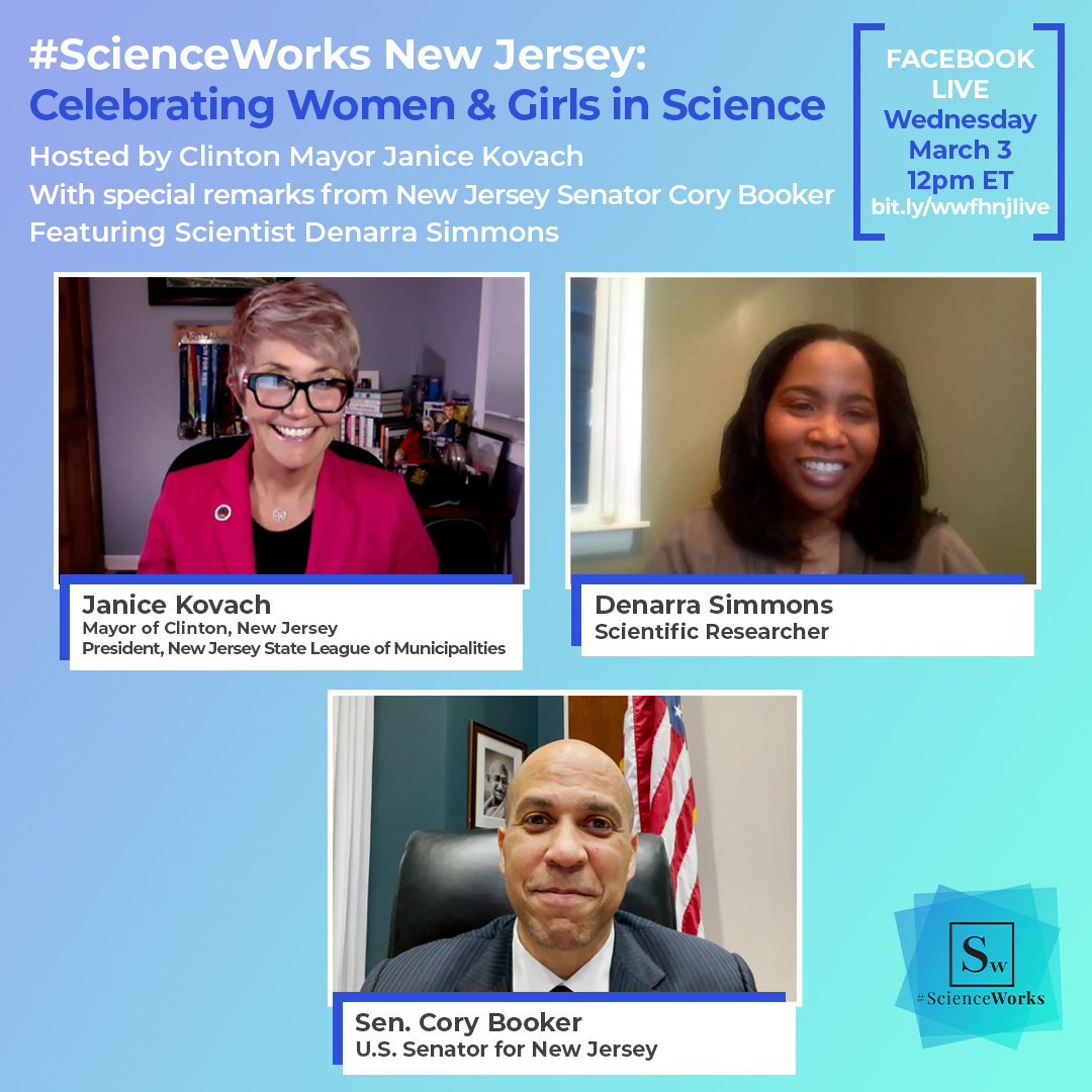 WWFH_NJ's tweet photo. Celebrate women and girls in science! Join us on Facebook Live for a Q&amp;A with Clinton Mayor @janicekovach and Newark scientist Denarra Simmons. Plus, a message from @SenBooker. Wednesday 3/3 at 12pm ET https://t.co/g6z2avjGtC https://t.co/FkX4FvpRjF