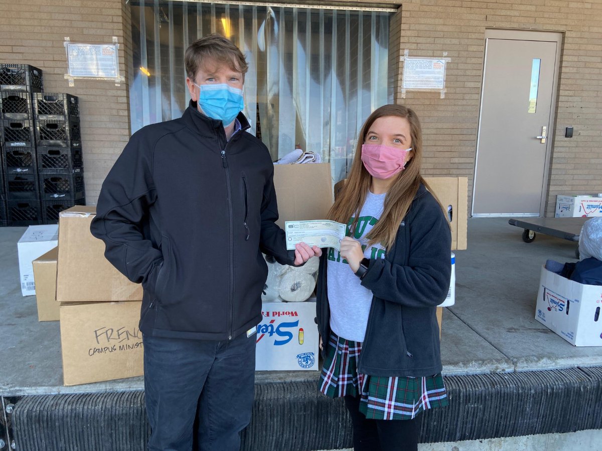 SkuttCatholic's tweet photo. FBLA + Cheer  COVID Collection Drive produced over 10,000 items (2,300 food items, over 700 clothing/hygiene items and over 7,700 masks). 

We also collected over $1,000 in cash donations.  

All went to the Siena Francis House.  

Another example of SkyHawks making a difference! https://t.co/yO7X67JF0W