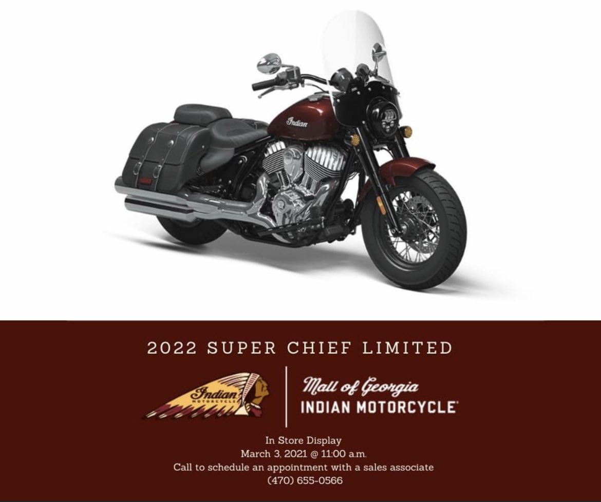 The 2022 Super Chief Limited will be on display at MOGIM beginning at 11:00 a.m. for a limited time on 3/3/21. Call (470) 655-0566 for an appointment. #mallofgeorgiaindianmotorcycle #mallofgaindianmotorcycle #chief #chiefbobber #chiefdarkhorse #superchief  #superchieflimited