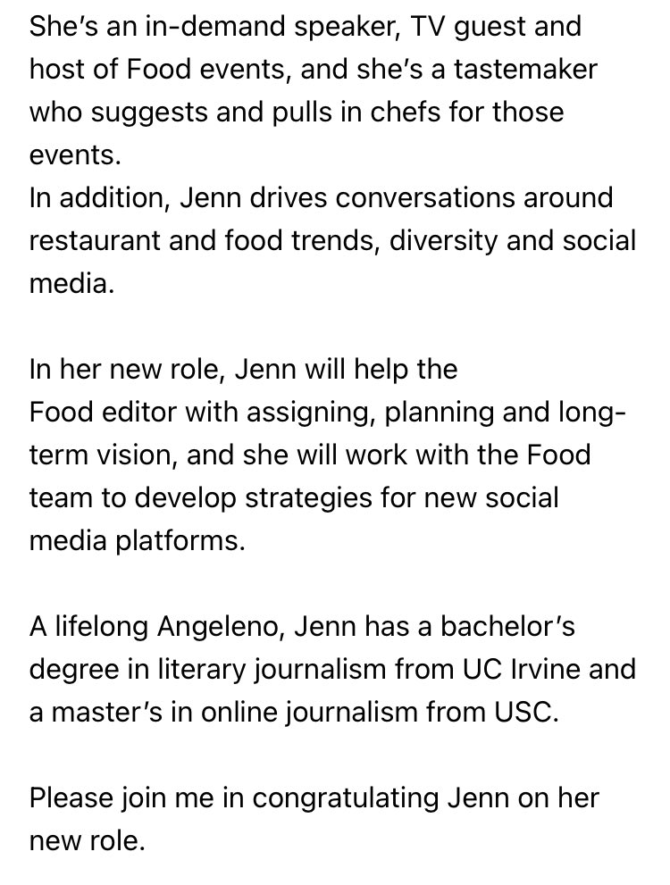 News: <a href="/Jenn_Harris_/">Jenn Harris</a> is now a columnist for <a href="/latimesfood/">L.A. Times Food</a>. 

Read the memo from acting food editor <a href="/AliceShort3/">Alice Short</a>: