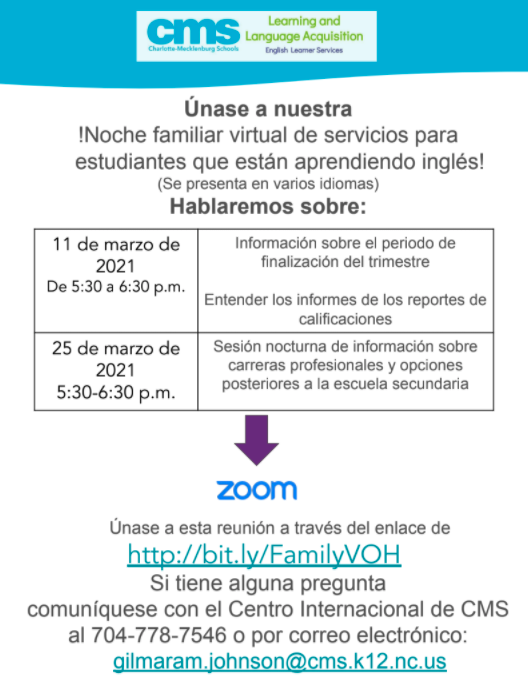 CMS_LLA's tweet photo. Join us for EL Services Virtual Family Night March 11th at 5:30pm (offered in multiple languages) to learn more about End of Quarter Information and Understanding Report Cards. Here is the Zoom link to join the event https://t.co/eeM2pg5CZp https://t.co/fne4dqM01q