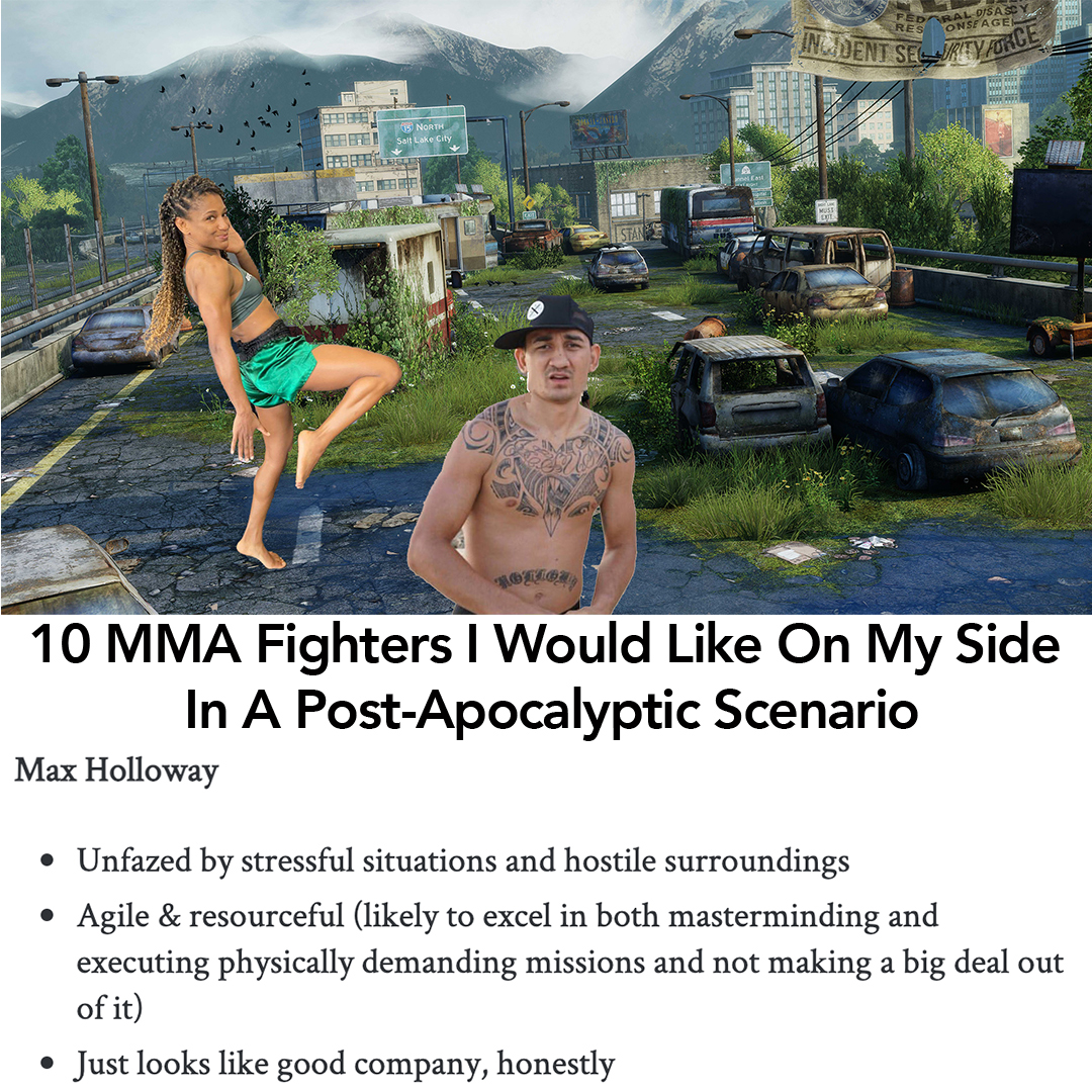 Today, @NandaPrates_ reveals the ten MMA fighters she'd most like to have by her side in any post-apocalyptic situation. She chose wisely, imo. https://t.co/zw3k1y2AB5 https://t.co/u8OCZpUfho