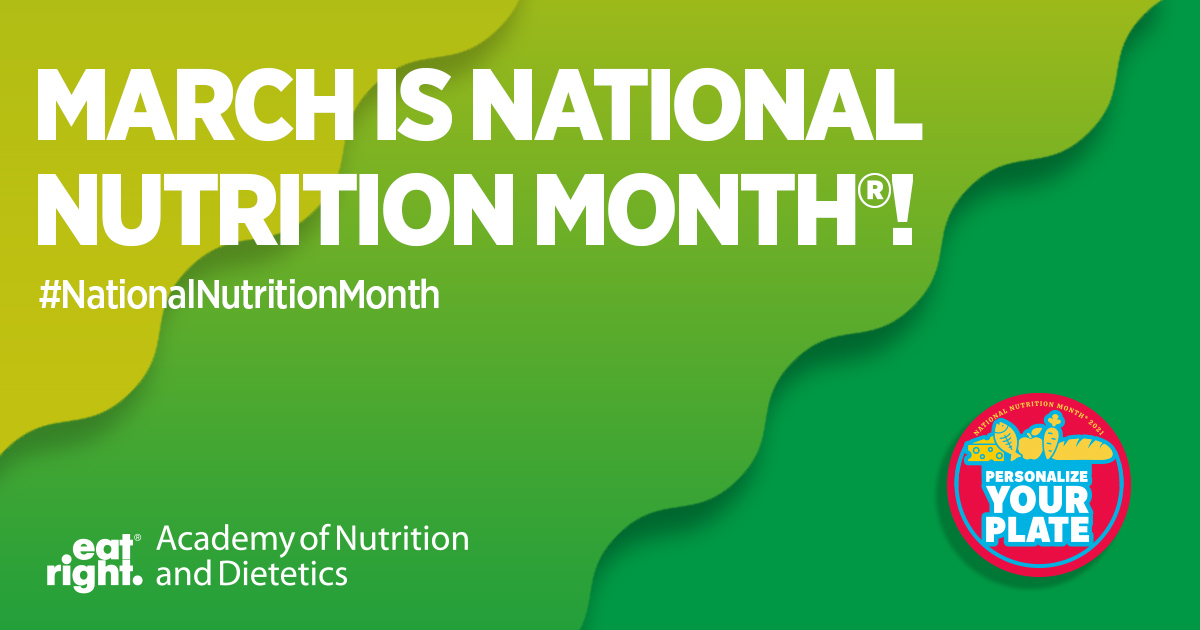 WayneWednesday's tweet photo. This year’s #NationalNutritionMonth theme is Personalize Your Plate. There is no one-size-fits-all approach to nutrition and health. Our bodies, goals, backgrounds and tastes are unique! Learn more: https://t.co/sDCzoTBduH https://t.co/5NnR0foVVW