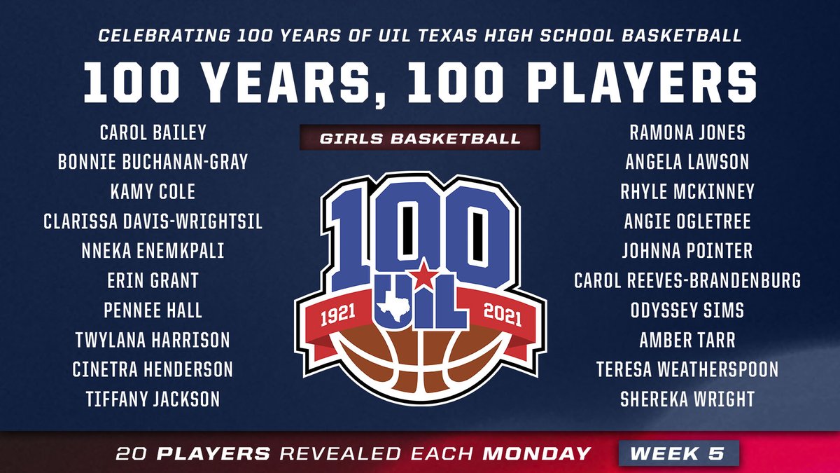Last list of legends! These 100 greats set the foundation for girls #txhshoops, and generations of players will build on top of their legacy. 

💯⛹️‍♀️ uiltexas.org/100/girls-bask… | #UIL100Hoops