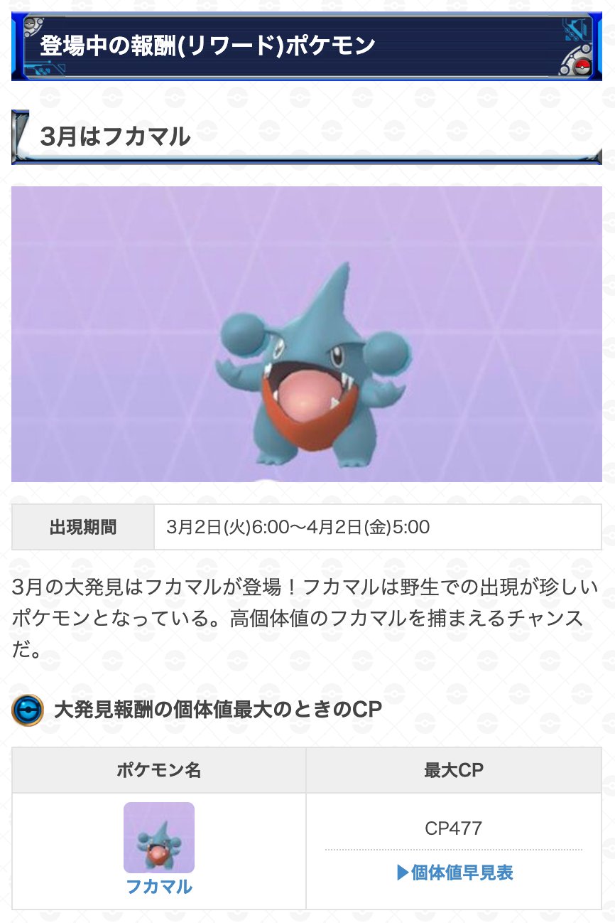ポケモンgo攻略 Gamewith 6時になり 大発見の報酬も切り替わりました 3月の報酬はフカマルが登場します 高個体値の フカマルを捕まえるチャンスとなっています 大発見の報酬の詳細はこちら T Co K0sqimnq56 ポケモンgo T Co