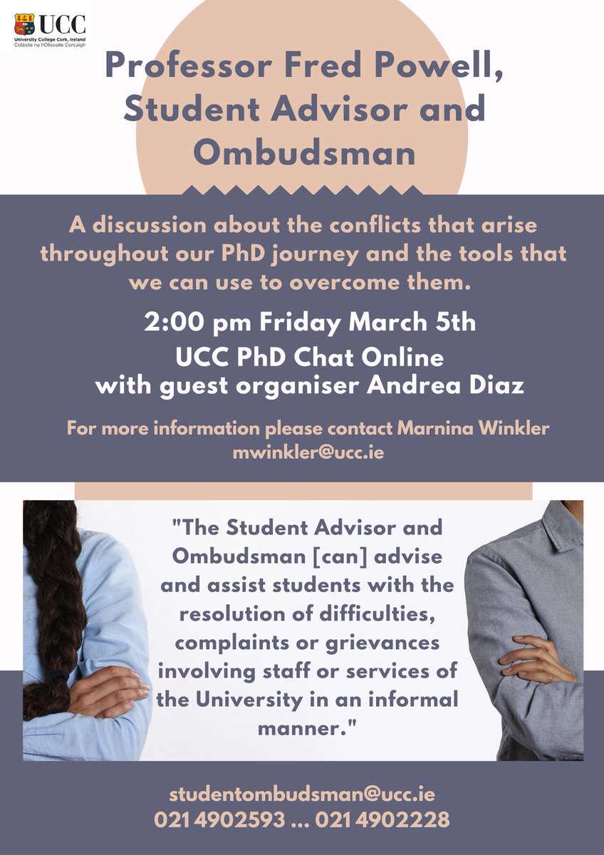 MarninaW's tweet photo. Really excited for this Fridays PhD Chat, organised by @andreadiaz46!  The guest speaker is Professor Fred Powell and we will have a discussion around the conflicts that arise throughout our PhD journey.  
See you there! #UCC #UCCGSO #phdchat https://t.co/9NAy7XUpRA