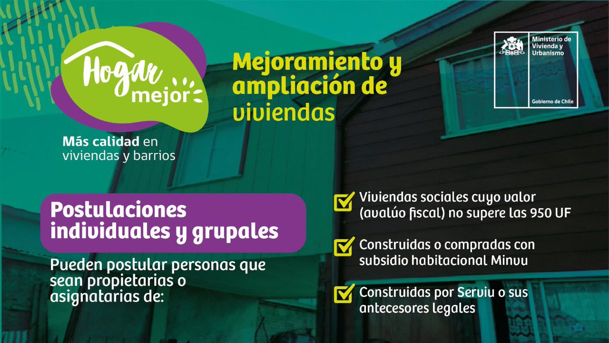 📢 ¡Atención! Hasta el 15 de marzo podrás postular al Llamado de Mejoramiento y Ampliación de Viviendas del programa #HogarMejor 🏠🏠

¿Cómo postular? Debes contactar a una de las Entidades Patrocinantes (EP) habilitadas para operar. Revísalas en proveedorestecnicos.minvu.gob.cl/entidades-patr…