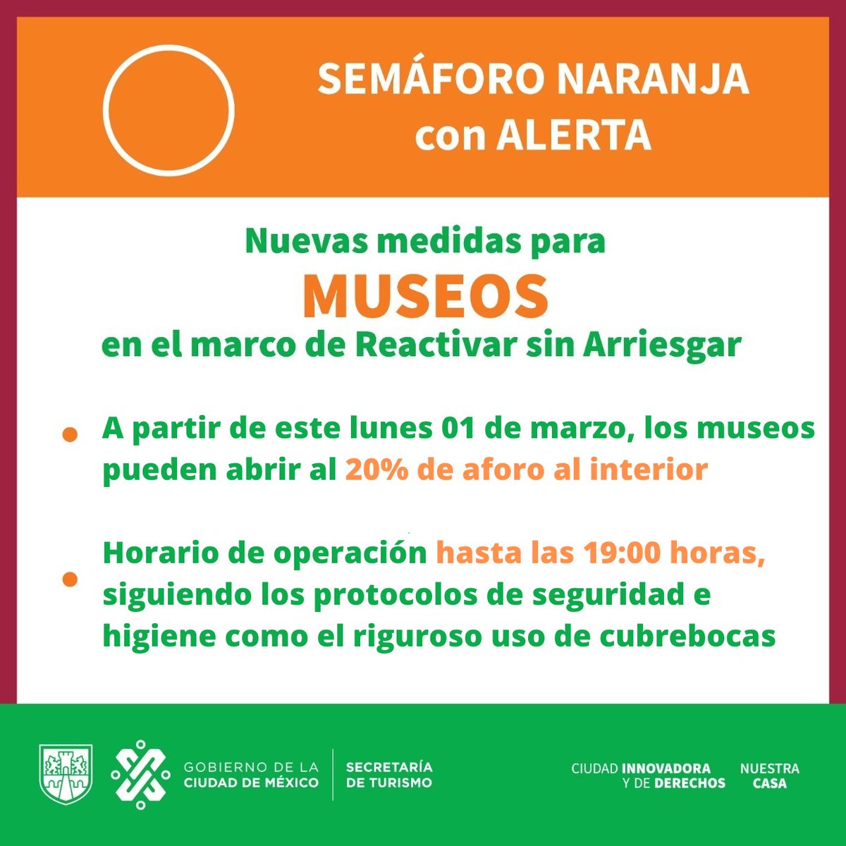 ¡Excelentes noticias! 
Los museos comienzan su reapertura en la #CDMX.
🗓️ A partir de hoy los museos podrán volver a abrir sus puertas al público.
😷 Te pedimos seguir las medidas preventivas al máximo en caso de visitarlos. No bajemos la guardia.
#ReactivarSinArriesgar