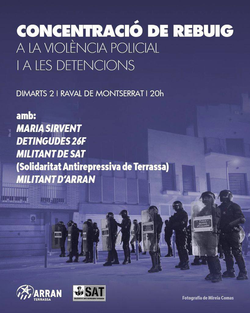 CDRCalella's tweet photo. CDRCatOficial: RT @CDR_Trs: 📢 CONCENTRACIÓ DE REBUIG A LA VIOLÈNCIA POLICIAL I A LES DETENCIONS.

📆Dimarts 02/03
🏠Raval de Montserrat (#Terrassa)
⏰20h

Solidaritat amb totes les detingudes!!

LA LLUITA DEL JOVENT 
EL FUTUR DEL NOSTRE POBLE!
#Lliberta… https://t.co/3ltuE2CPMk