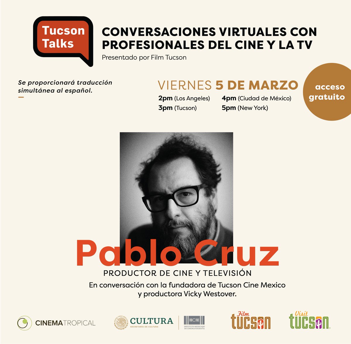 El próximo Viernes 5 de Marzo a las 4 p.m. CDMX, habrá una plática retrospectiva con @FilmTucson . Se discutirá la extensa carrera fílmica de Pablo Cruz y sus proyectos a futuro. El acceso al foro es completamente gratis y estará disponible tanto en español como en Inglés.