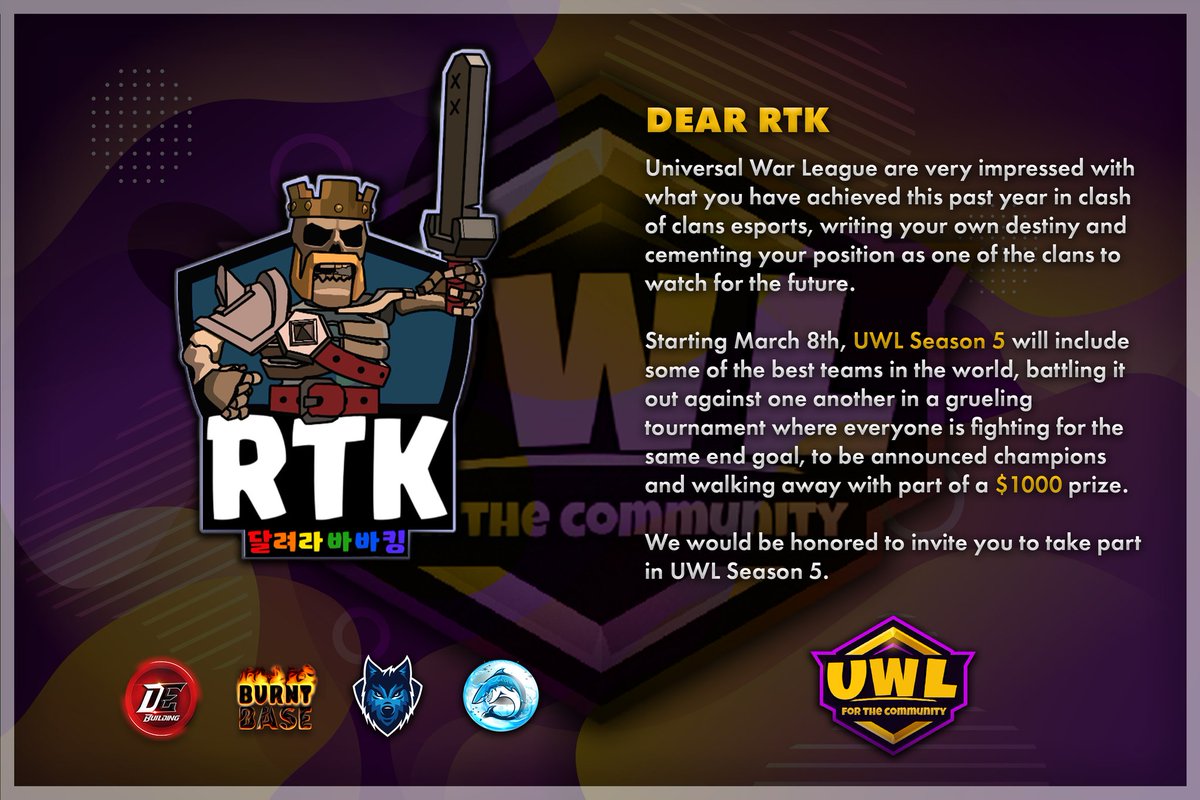 🏆It's an honour for us to have RTK with us in Season 5.Thanks for Accepting. 🏆

Looking forward for some Insane performance from you guys this season. See you on March 8th.