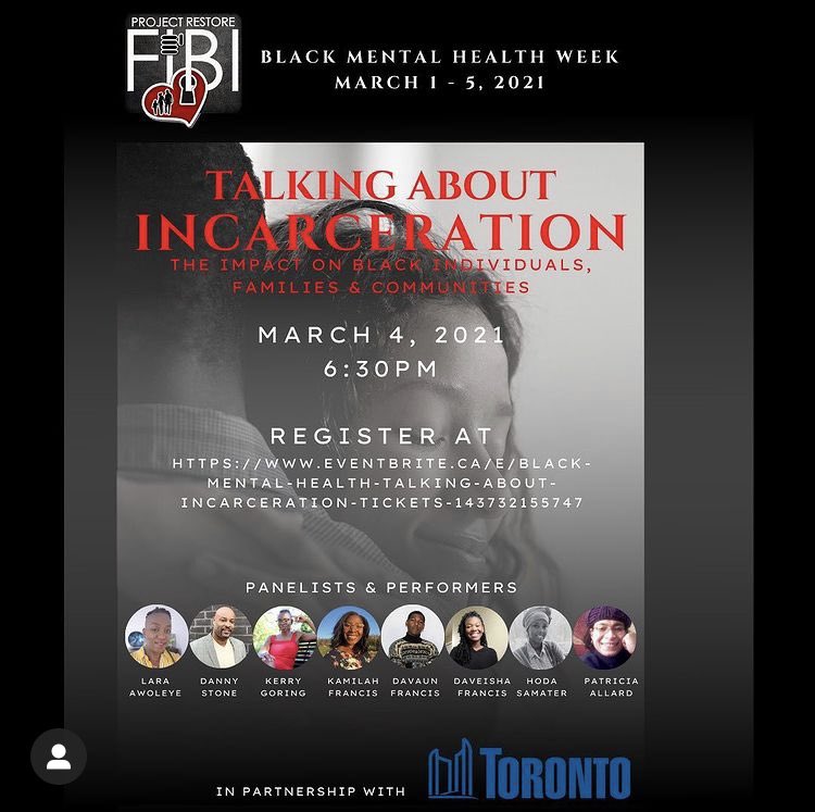Honoured to be on a panel for Black Mental Health Week the topic... Talking About Incarceration: The Impact on Black Individuals, Families and Communities. 
Thanks to <a href="/RestoreFIBI/">Project: RestoreFIBI</a> 
Thursday, March 4,2021
6:30pm-8:00pm EST 
Online
Signup
eventbrite.ca/e/black-mental…